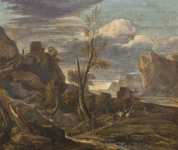 A mountainous landscape with travellers on a track, the sea beyond by Willem de Heusch
