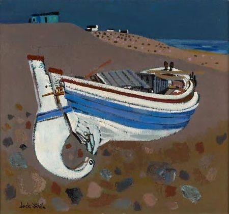 A stylized painting of a blue and white boat resting on a sandy beach with distant figures.