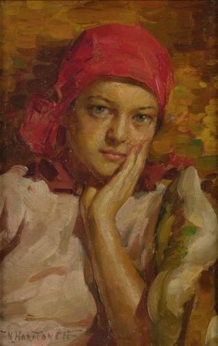 Artwork by Nicholas B. Haritonoff, Portrait of a Girl in a Red Scarf, Made of Oil on board
