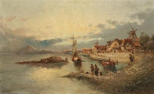 Artwork by Armand Doré, COASTAL LANDSCAPE WITH VILLAGE AND WIND MILL, Made of Oil on canvas