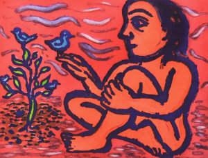 Artwork by Eileen Cooper, Five works: Taking Stock; Stowaway; Dawn Chorus; The Lesson; All Hell Let Loose, Made of etchings with aquatint in colours