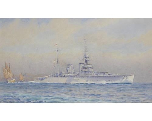 The cruiser H.M.S. Hawkins patrolling off the coast of China with junks off her stern by Alma Claude Burlton Cull, 1926