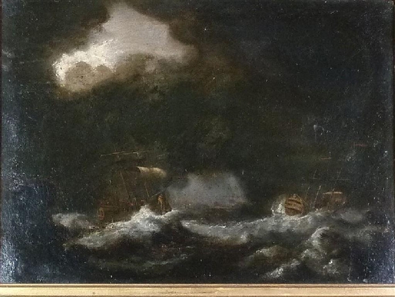 Two galleons at sea in a violent storm by Ludolf Backhuysen I