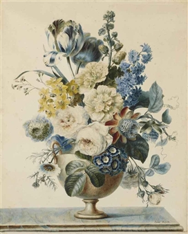 Bouquet de fleurs sur un entablement composé de tulipes, roses et autres fleurs - Andree-Emma-Felicite Desportes De La Fosse
