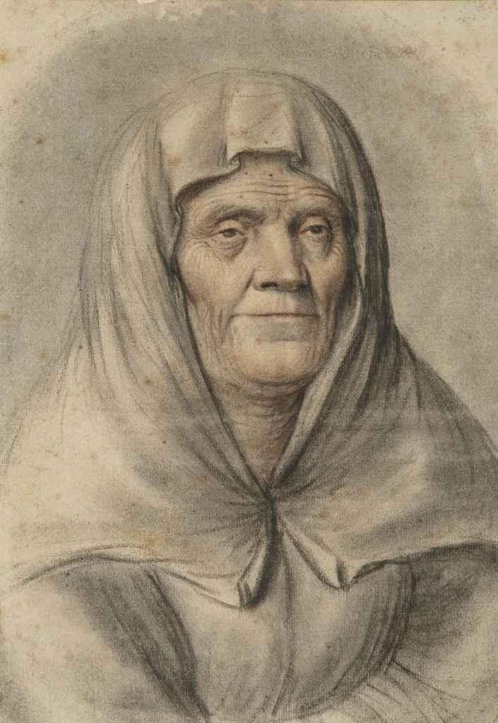 Artwork by Nicolas Lagneau, Portrait d'une vieille femme au foulard, Made of charcoal, sanguine