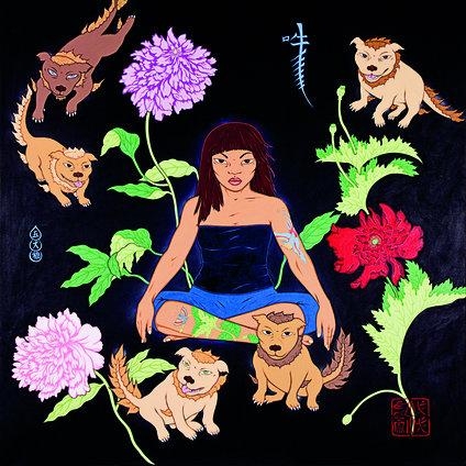 Artwork by Kate Beynon, Five Dogs Luck, Made of acrylic and enamel on canvas