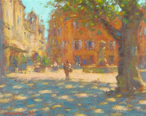 Sunlit square with figures in a Mediterranean town by John Mackie, 1993