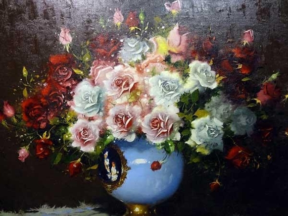 Still Life Roses in a Blue Vase by Hennie Griesel, 1982