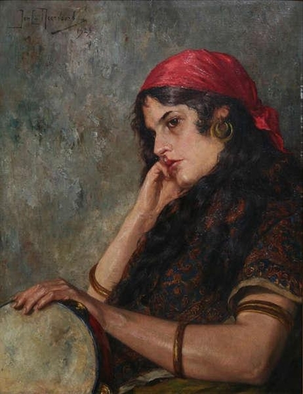 Pensive gipsy with tambourine