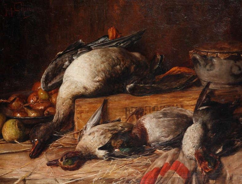 Artwork by Jan C. Neervoort, Hunter's still life with wild ducks and onions, Made of Canvas