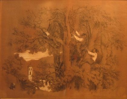 George Ropes Jr. | BOYS CLIMBING TREES ABOVE VILLAGE (1855) | MutualArt