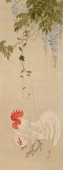 2 works: Rooster and hen in wisteria; Swallow in Peony by Seitei Watanabe