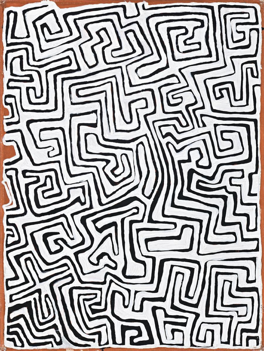 Artwork by Jackie Kurltjunyintja Giles Tjapaltjarri, TJAMU TJAMU, Made of synthetic polymer paint on linen