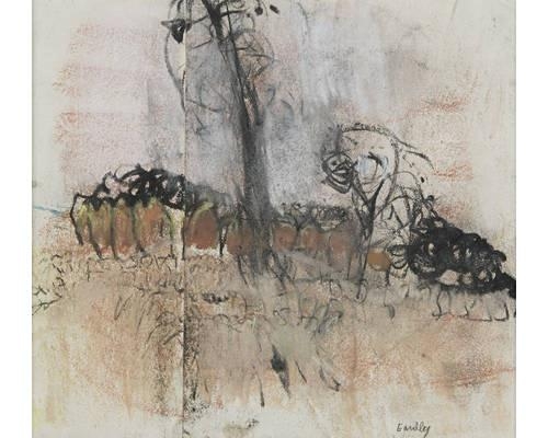 Artwork by Joan Kathleen Hardy Eardley, Haystacks and drystane dyke, Made of conte and pastel