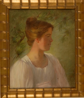Bust portrait of a brown-haired young lady wearing a white dress - Helen M. Hinds