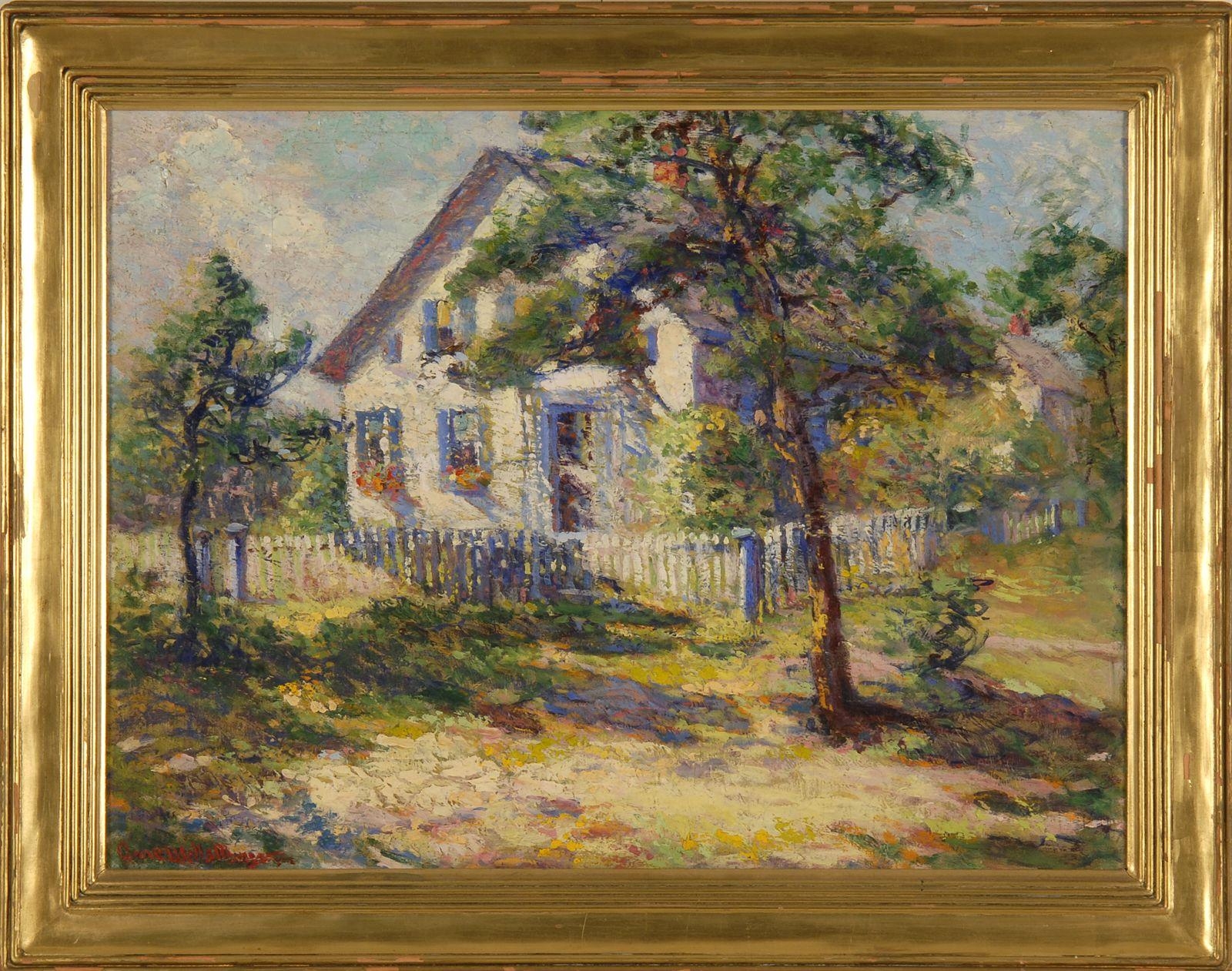 Artwork by Anne Wells Munger, Landscape with house and picket fence, Made of Oil on canvas