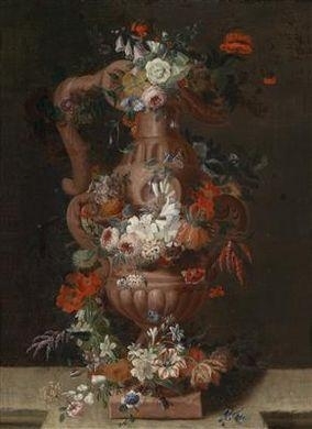 Still life with flowers and a earthenware vase by Pieter Hardimé