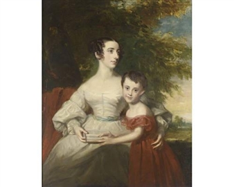 A portrait of a Mother and her son, seated in a landscape - Benjamin Rawlinson Faulkner