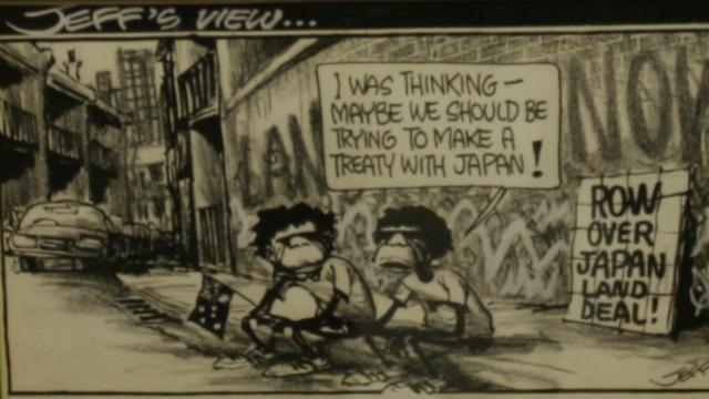 Artwork by Geoff Hook, 2 Artworks: He'll Never Be A Successful Author & Jeff's View - Row Over Japan Land Deal, Made of pencil, ink and wash on paper