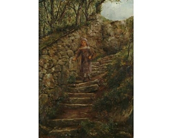 A girl descending steps, thought to be the entrance to Lud's Church cave, Staffordshire - R. T. Minshull