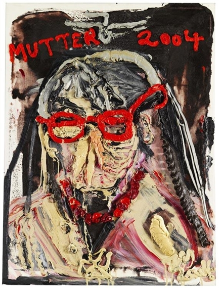 Mutter (gestürzt) mit roter Brille und rötlicher Perlenkette by Jonathan Meese, 2004