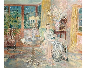Interior scene with a lady reading - Margaret Fisher-Prout