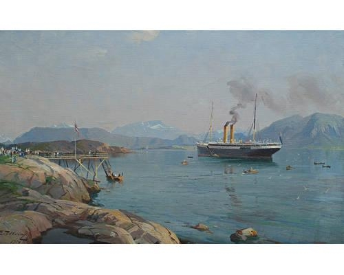 Norwegian fjord with a British ship by Even Ulving, 1914