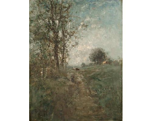 Artwork by George A. Boyle, Cattle and a figure on a track, Made of oil on canvas