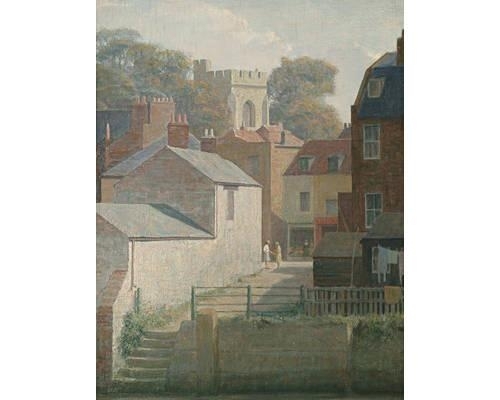 Village scene with church tower by John Bulloch Souter