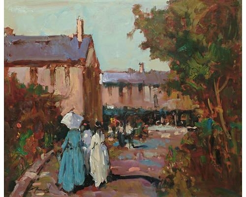 Street Scene with Stalls plus a Still Life on board verso by Ken Moroney