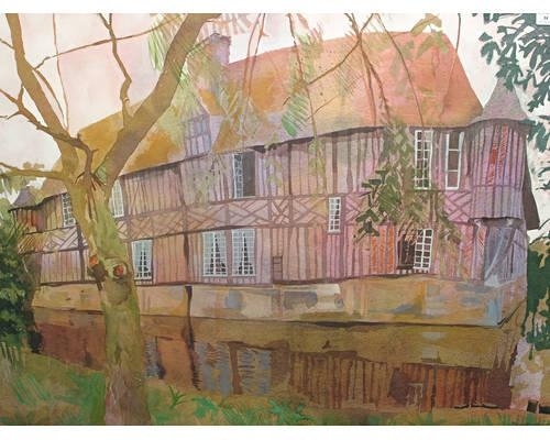 A watercolor painting of a timber-framed house by a riverbank.