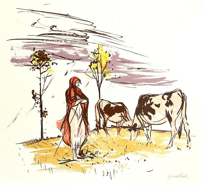 Artwork by Vojtěch Sedláček, Shepherdess of cows, Made of lithography