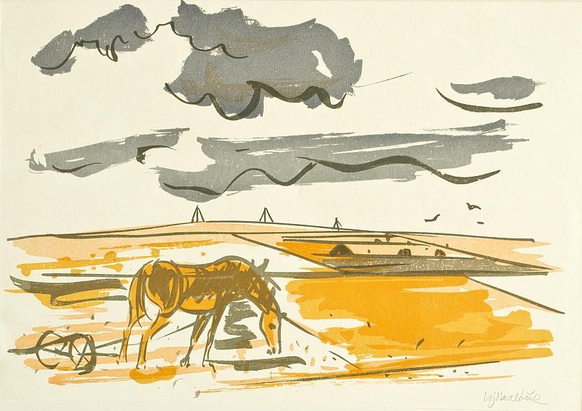 Artwork by Vojtěch Sedláček, Horse on the field, Made of lithography