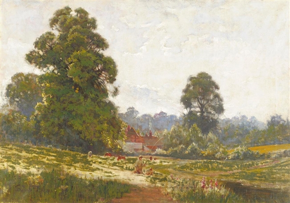 Landscape with figures fishing by George Pontin