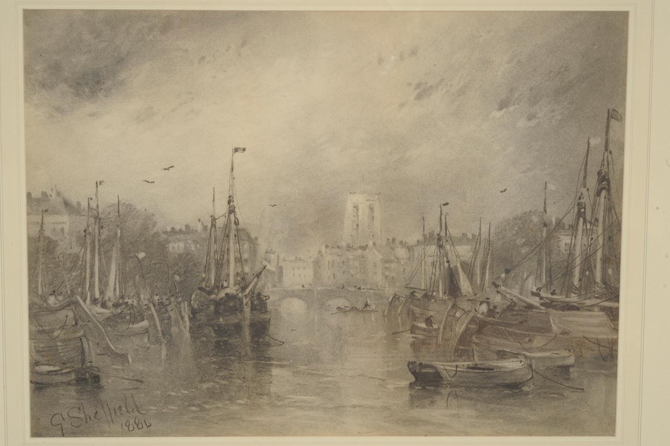 Artwork by George Sheffield, River landscape with barges and other shipping beside a bridge, Made of charcoal drawing