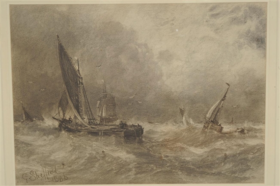 Fishing boats in a stormy sea by George Sheffield, 1886