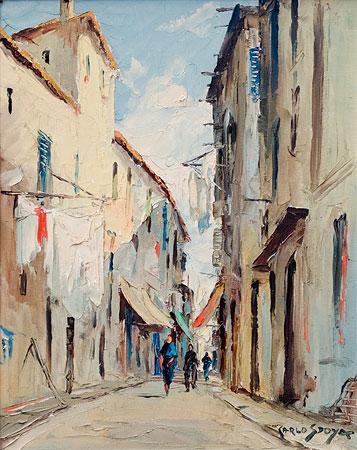 Figures on a narrow street between buildings in a Mediterranean town scape