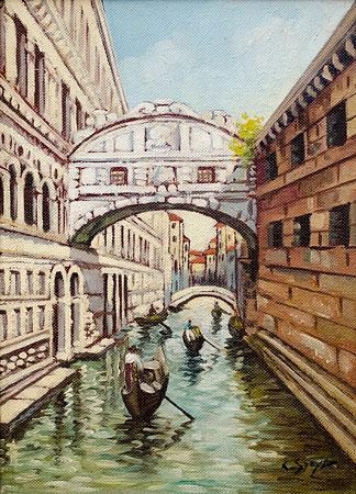 Venetian canal scene with gondolas - Bridge of Sighs