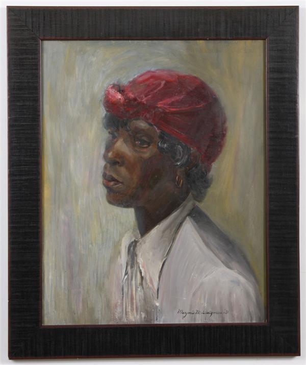 Artwork by Marjorie Mcphail Bonath, African-American woman with red headscarf and gold earrings, Made of oil on board