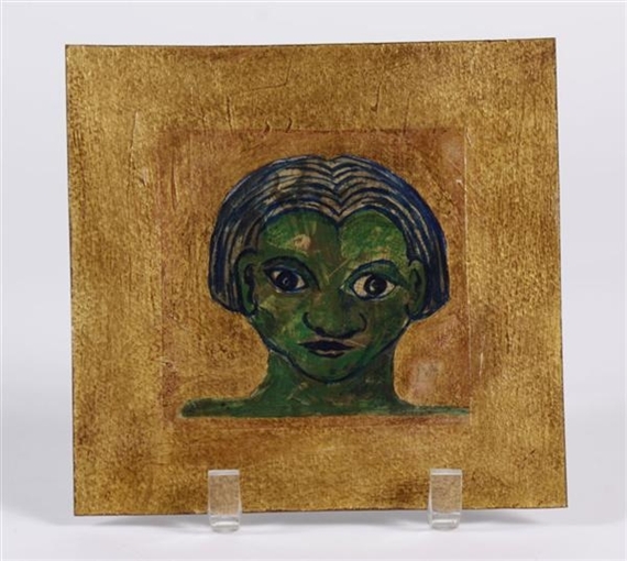 Portrait in greens on gold background