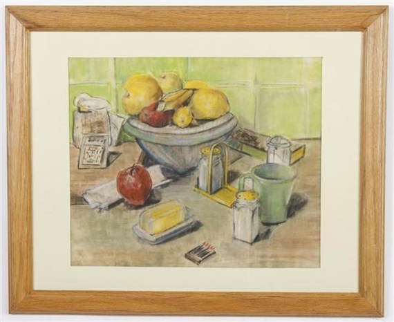 Still life of a bowl of fruit, salt and pepper shakers, and a green mug