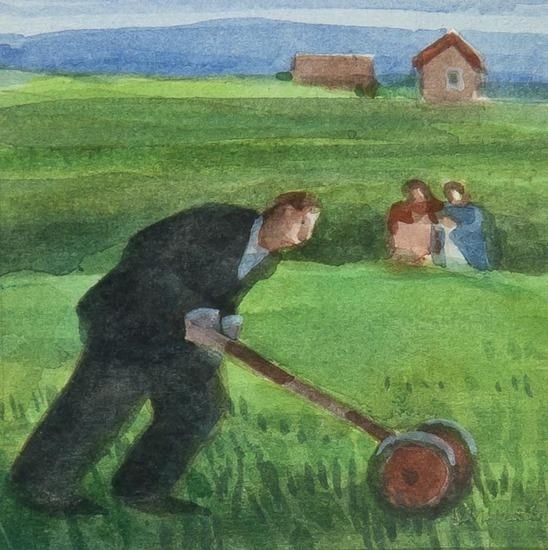 Artwork by Karólína Lárusdóttir, Man with lawn mower, Made of watercolour