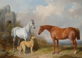 A Grey and a chestnut hunter with a deerhound - William Barraud