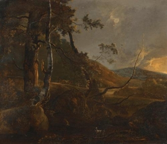 A wooded landscape with a herdsman on a path and a loan goat in the foreground - Adam Pynacker