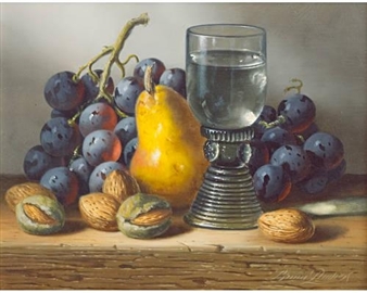 2 WORKS: Still life of grapes, peach and rhoemer; Still life of grapes, pear, almonds and rhoemer - Brian Davis