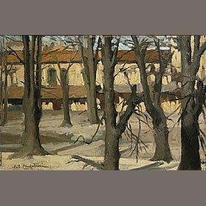2 works: Trees in winter; Houses in snow by Alcide Ernesto Campestrini