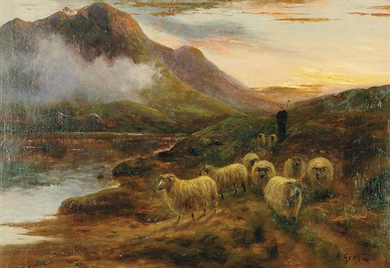 Artwork by Henry Graham, SHEEP RETURNING HOME, LOCH TAY, Made of oil on canvas laid to board