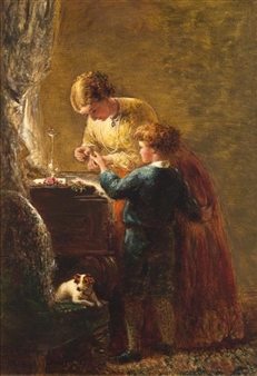 A tender domestic scene featuring a woman and child sharing a quiet moment at a table.