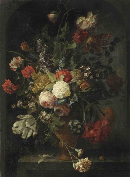Violets, Pink and White Roses, Carnations, Tulips, Blue Morning Glory, A Peony, A Hyacinth and various other Flowers in a Vase, on a Stone Ledge with a Pupa and a Snail by Coenraet Conrad Roepel
