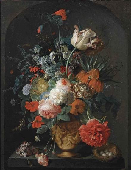 Roses, tulips, anemones, irises, ranunculus, a larkspur, a hyacinth, auricula, a peony, a Crown Imperial lily and other flowers in a sculpted vase, with a snail and a bird's nest on a pedestal in a stone niche by Coenraet Conrad Roepel